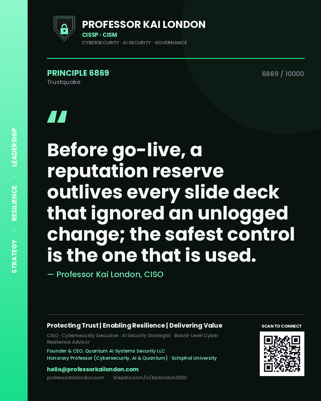 Quote card by Professor Kai London reading 'Before go-live, a reputation reserve outlives every slide deck that ignored an unlogged change; the safest control is the one that is used.'. From the book Trustquake.