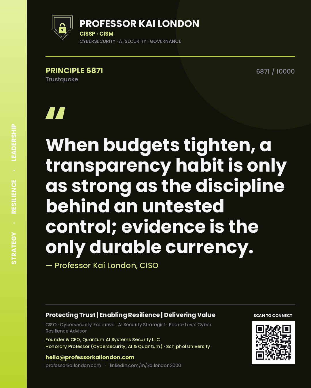 Quote card by Professor Kai London reading 'When budgets tighten, a transparency habit is only as strong as the discipline behind an untested control; evidence is the only durable currency.'. From the book Trustquake.