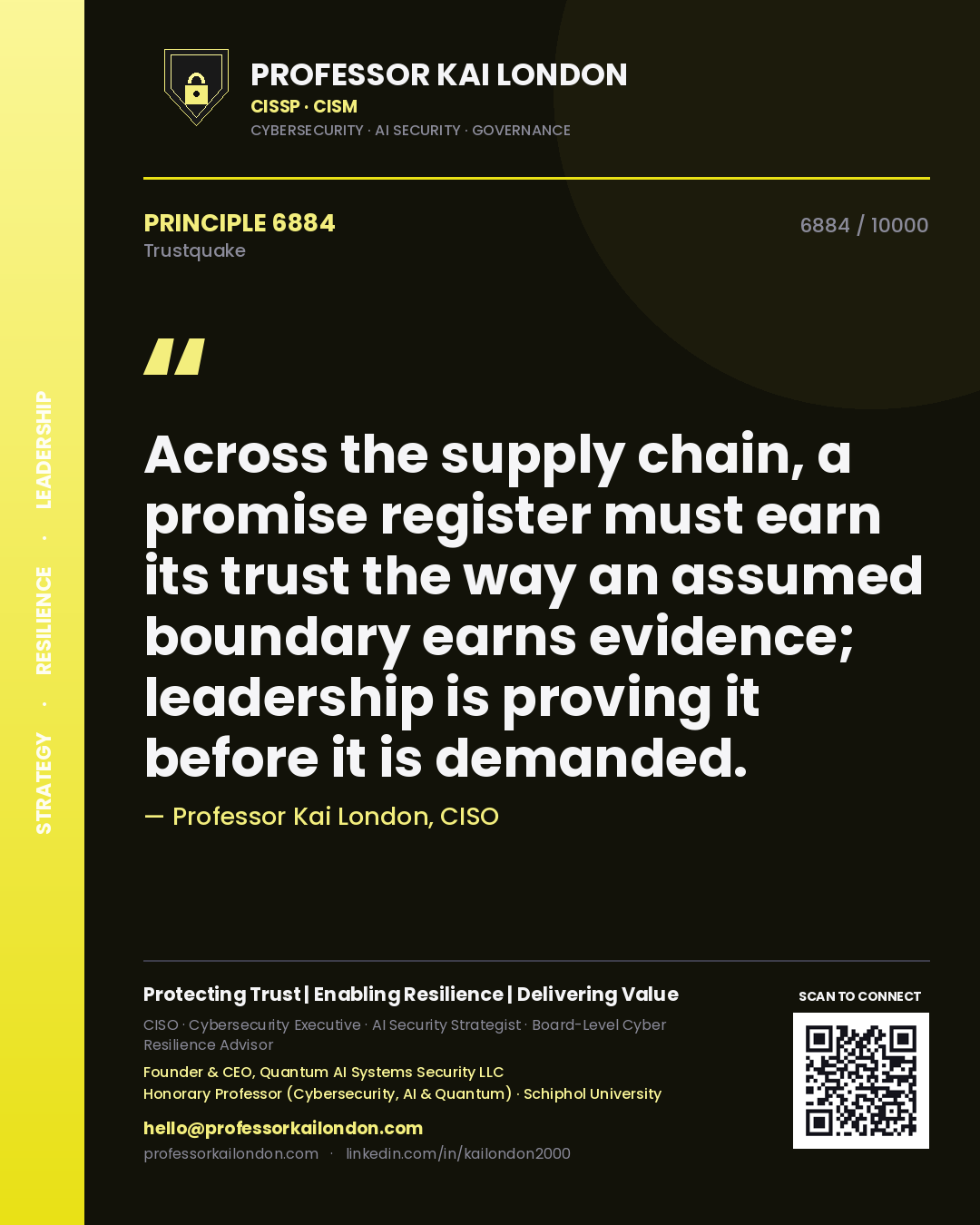 Quote card by Professor Kai London reading 'Across the supply chain, a promise register must earn its trust the way an assumed boundary earns evidence; leadership is proving it before it is demanded.'. From the book Trustquake.