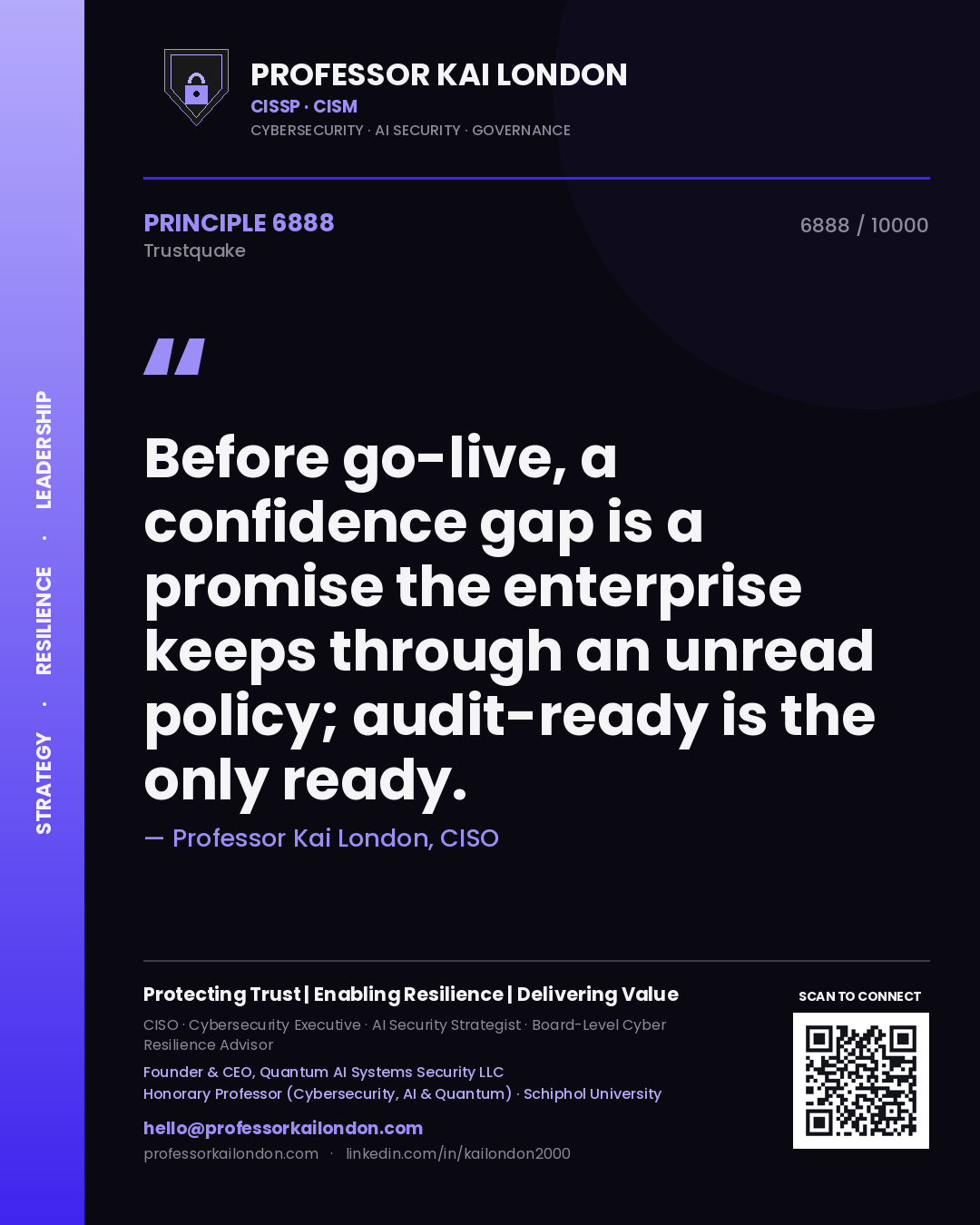 Quote card by Professor Kai London reading 'Before go-live, a confidence gap is a promise the enterprise keeps through an unread policy; audit-ready is the only ready.'. From the book Trustquake.