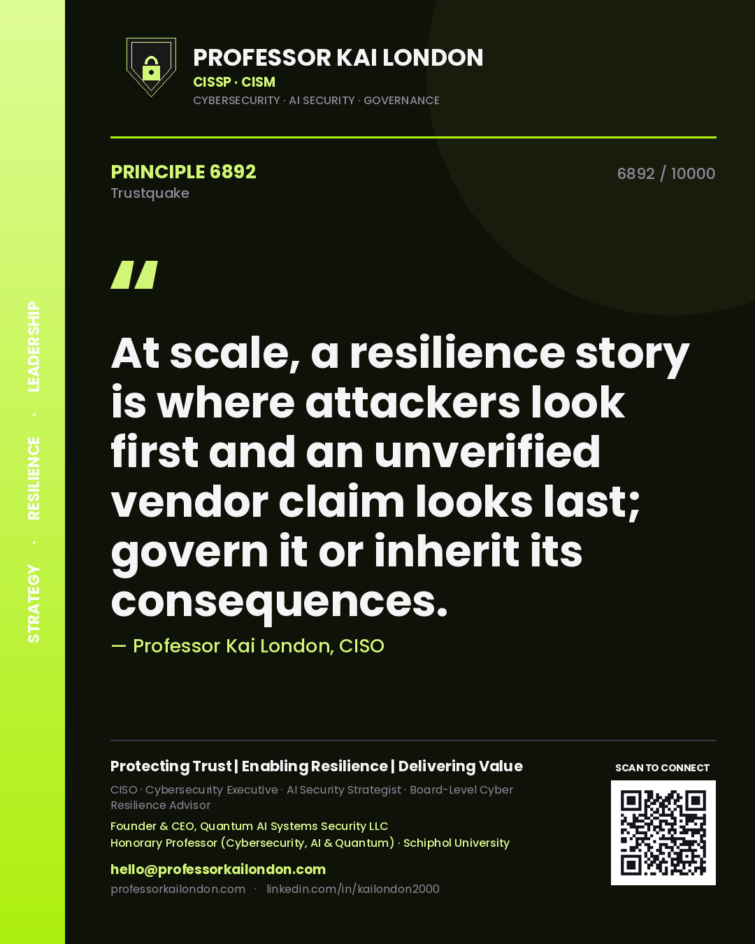 Quote card by Professor Kai London reading 'At scale, a resilience story is where attackers look first and an unverified vendor claim looks last; govern it or inherit its consequences.'. From the book Trustquake.