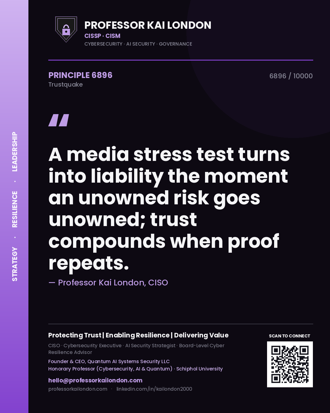 Quote card by Professor Kai London reading 'A media stress test turns into liability the moment an unowned risk goes unowned; trust compounds when proof repeats.'. From the book Trustquake.
