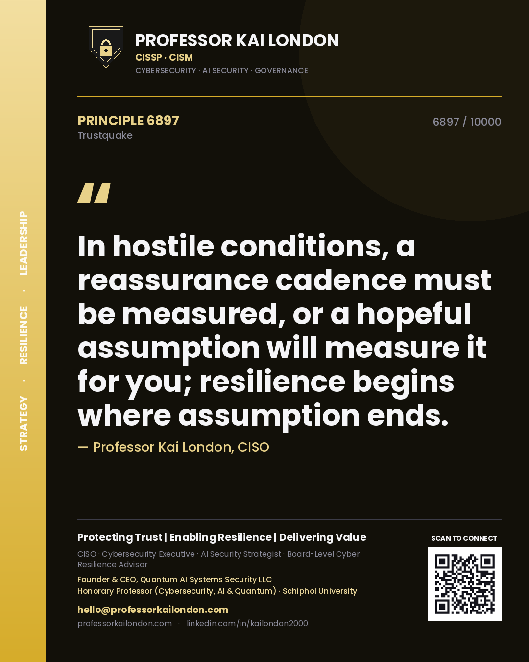 Quote card by Professor Kai London reading 'In hostile conditions, a reassurance cadence must be measured, or a hopeful assumption will measure it for you; resilience begins where assumption ends.'. From the book Trustquake.