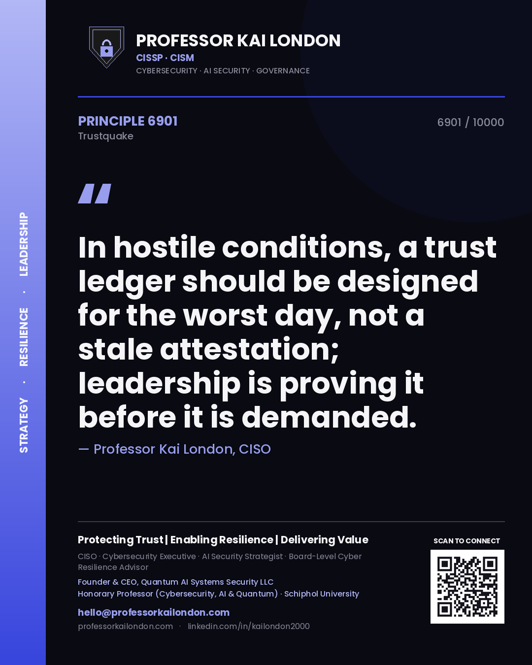 Quote card by Professor Kai London reading 'In hostile conditions, a trust ledger should be designed for the worst day, not a stale attestation; leadership is proving it before it is demanded.'. From the book Trustquake.