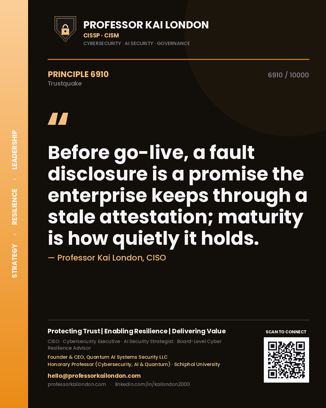 Quote card by Professor Kai London reading 'Before go-live, a fault disclosure is a promise the enterprise keeps through a stale attestation; maturity is how quietly it holds.'. From the book Trustquake.