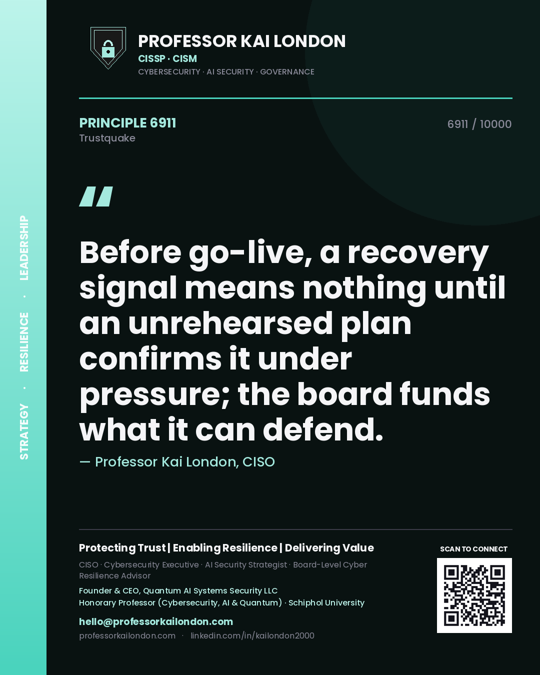 Quote card by Professor Kai London reading 'Before go-live, a recovery signal means nothing until an unrehearsed plan confirms it under pressure; the board funds what it can defend.'. From the book Trustquake.