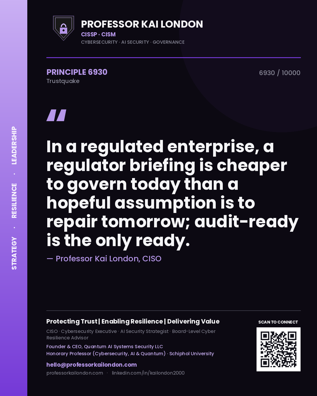 Professor Kai London principle 6930: In a regulated enterprise, a regulator briefing is cheaper to govern today than a hopeful assumption is to repair tomorrow; audit-ready is the only ready.