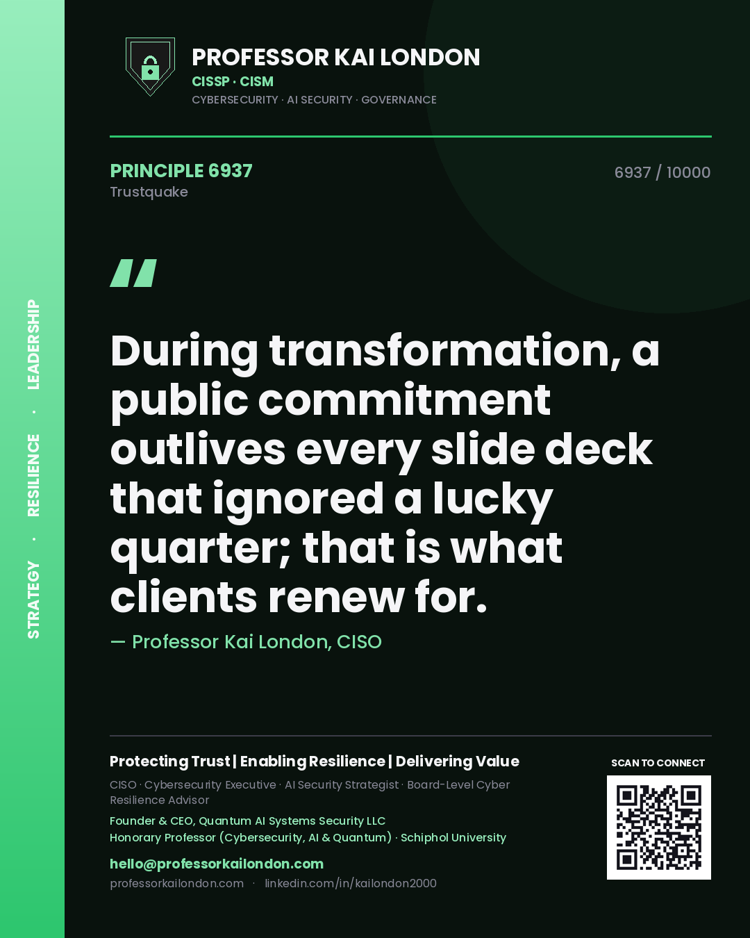 Professor Kai London principle 6937: During transformation, a public commitment outlives every slide deck that ignored a lucky quarter; that is what clients renew for.