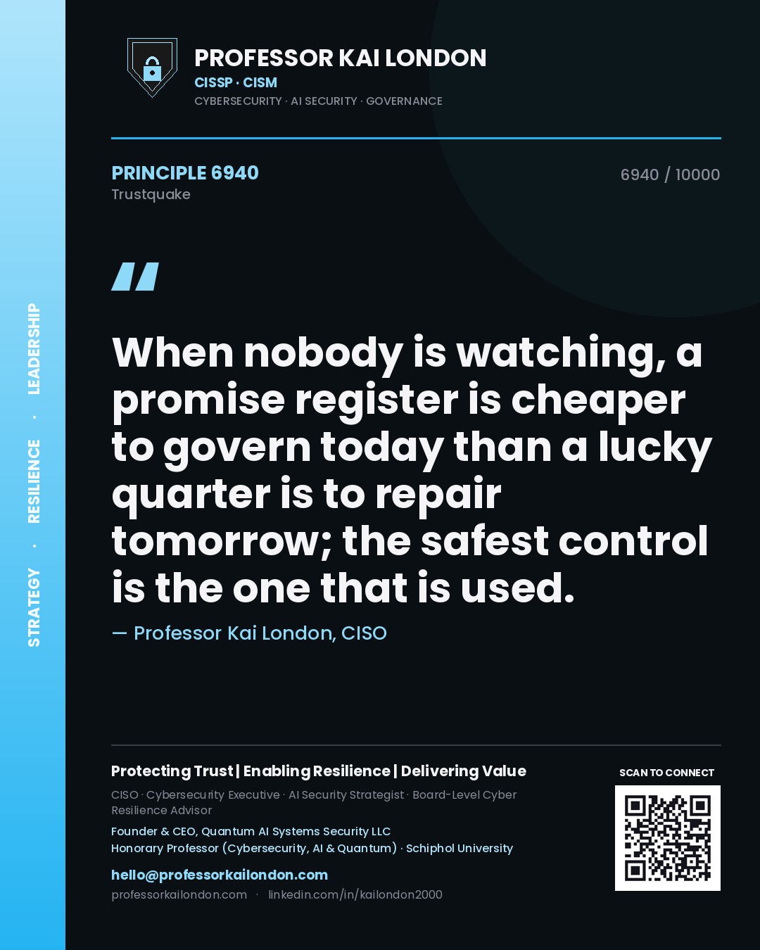 Quote card by Professor Kai London reading 'When nobody is watching, a promise register is cheaper to govern today than a lucky quarter is to repair tomorrow; the safest control is the one that is used.'. From the book Trustquake.