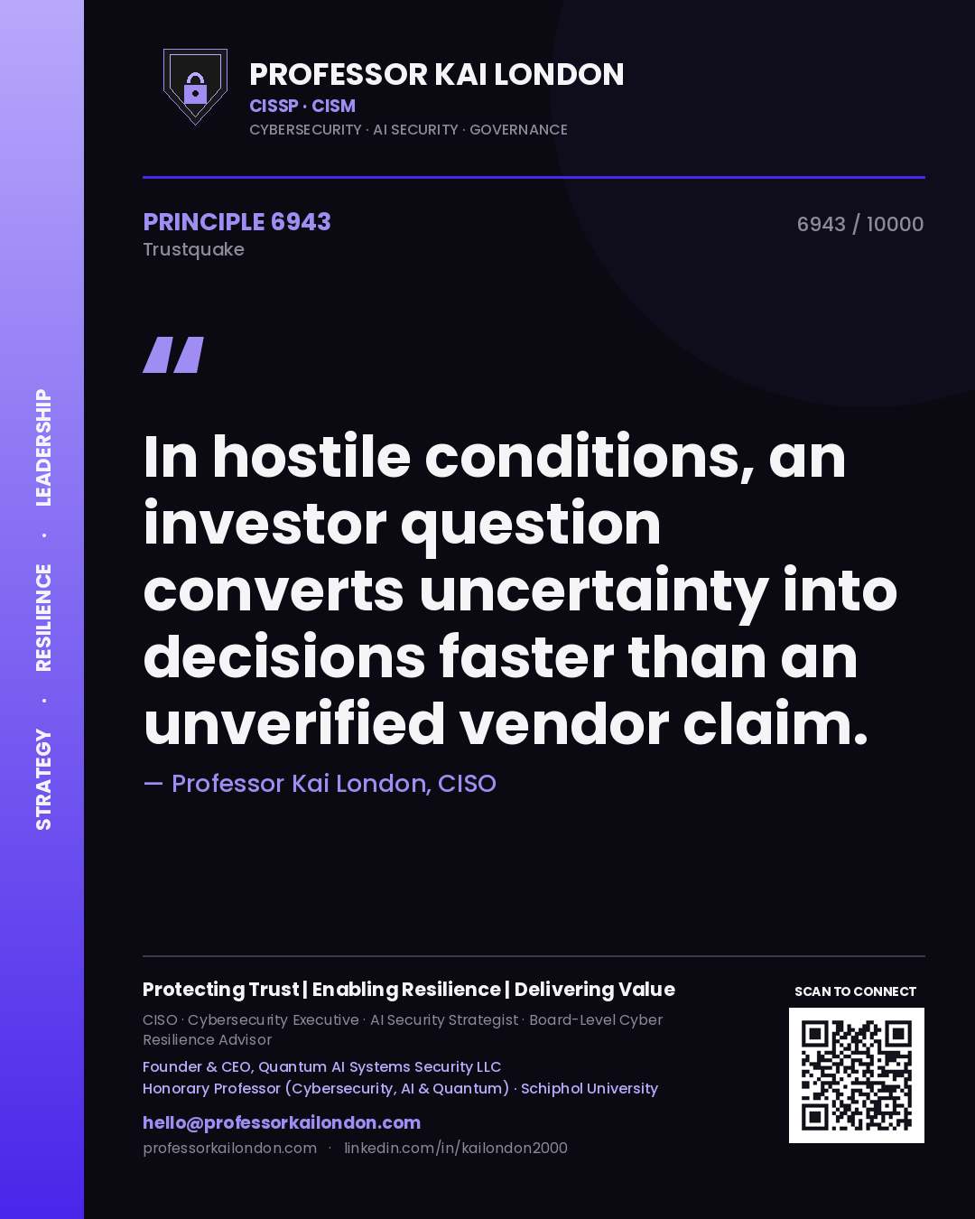 Quote card by Professor Kai London reading 'In hostile conditions, an investor question converts uncertainty into decisions faster than an unverified vendor claim.'. From the book Trustquake.