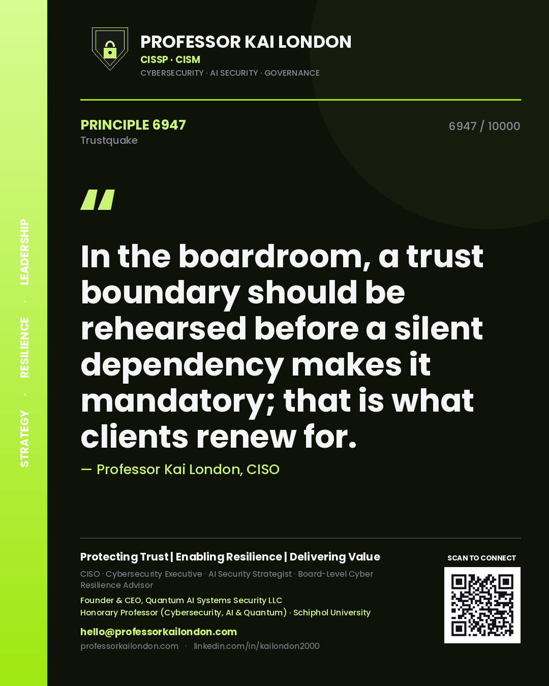 Quote card by Professor Kai London reading 'In the boardroom, a trust boundary should be rehearsed before a silent dependency makes it mandatory; that is what clients renew for.'. From the book Trustquake.
