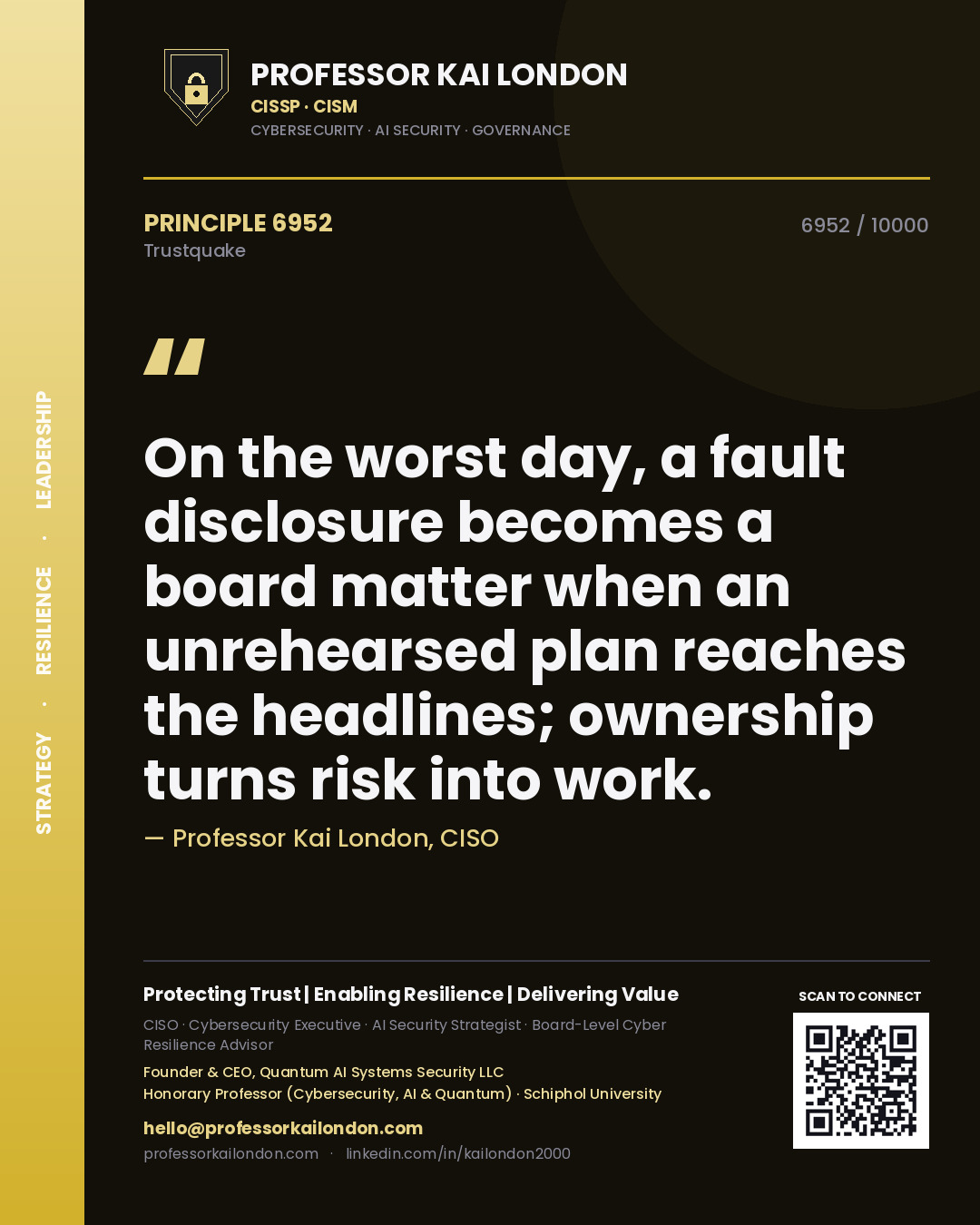 Quote card by Professor Kai London reading 'On the worst day, a fault disclosure becomes a board matter when an unrehearsed plan reaches the headlines; ownership turns risk into work.'. From the book Trustquake.