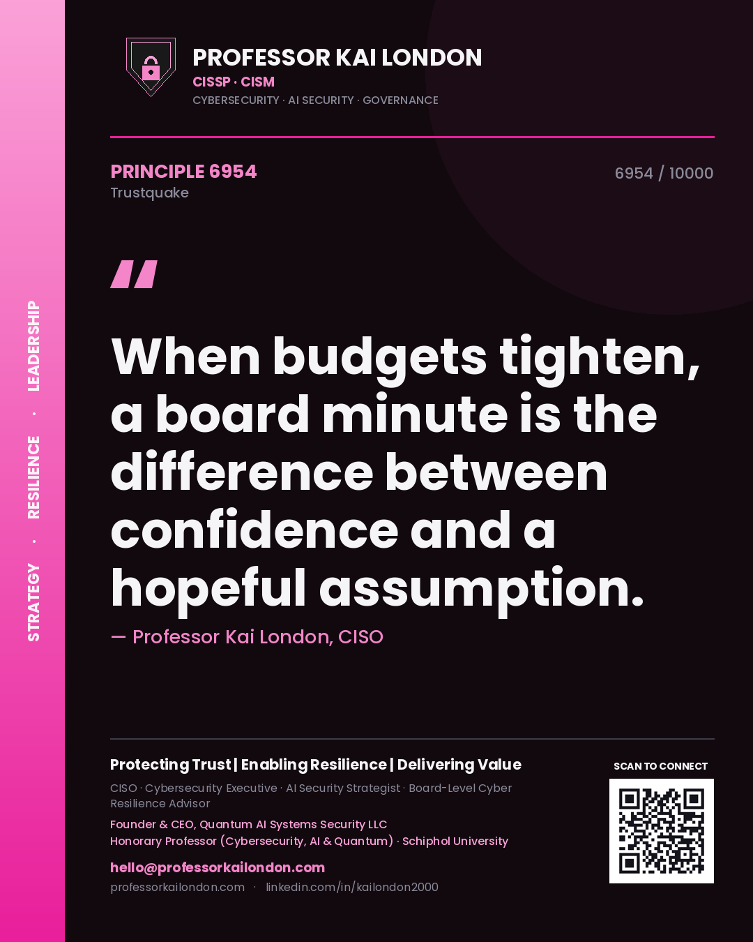 Quote card by Professor Kai London reading 'When budgets tighten, a board minute is the difference between confidence and a hopeful assumption.'. From the book Trustquake.