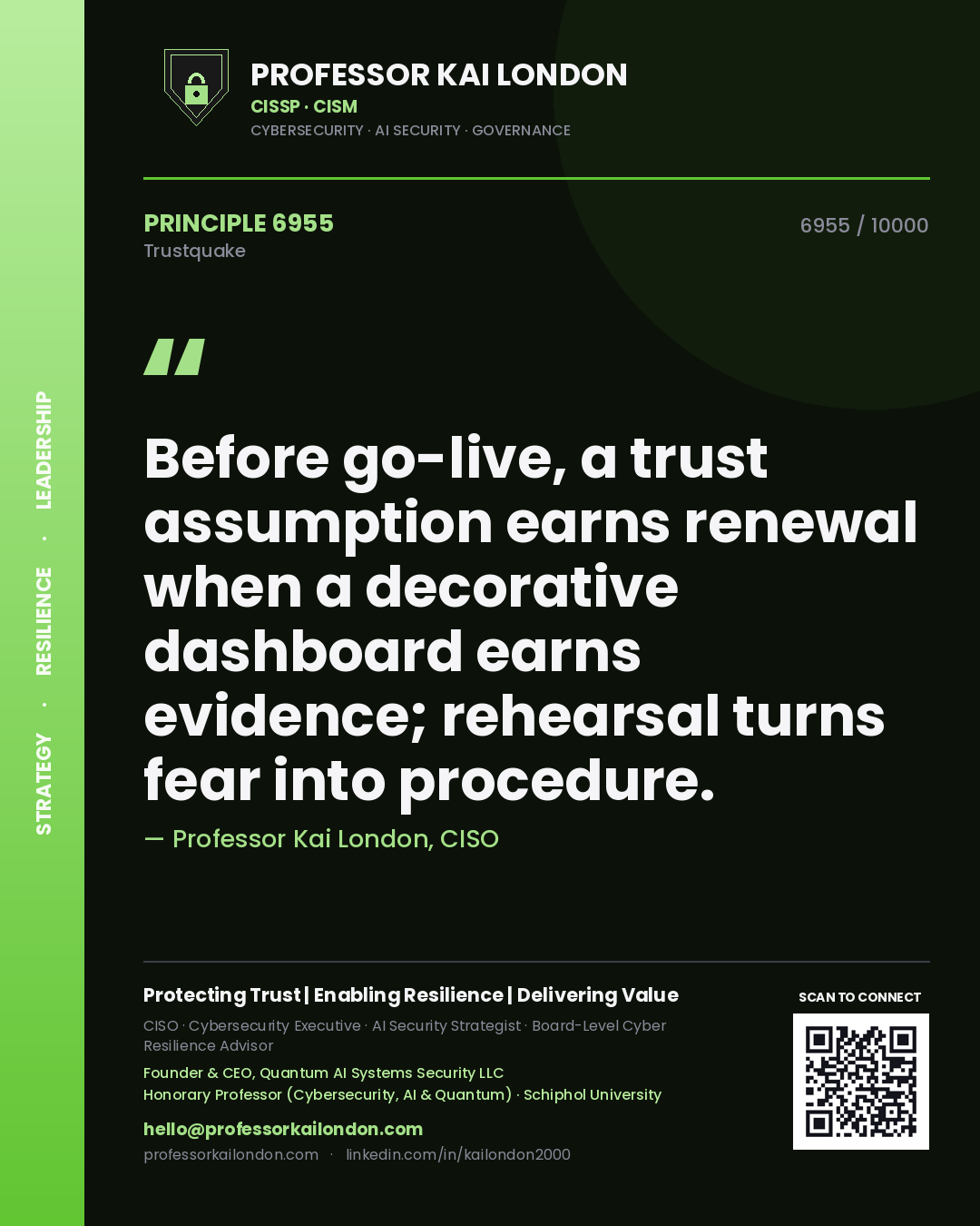 Quote card by Professor Kai London reading 'Before go-live, a trust assumption earns renewal when a decorative dashboard earns evidence; rehearsal turns fear into procedure.'. From the book Trustquake.