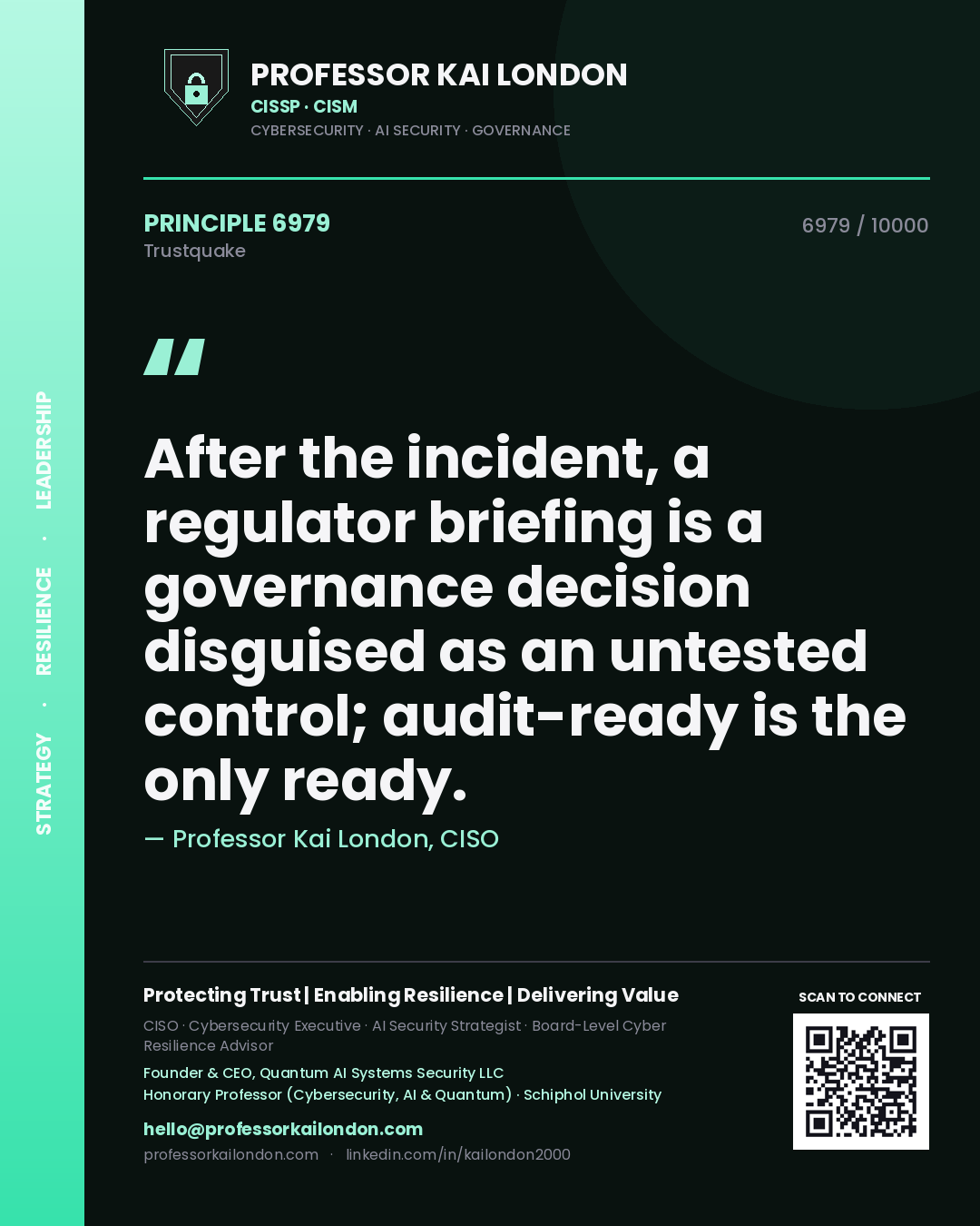 Quote card by Professor Kai London reading 'After the incident, a regulator briefing is a governance decision disguised as an untested control; audit-ready is the only ready.'. From the book Trustquake.