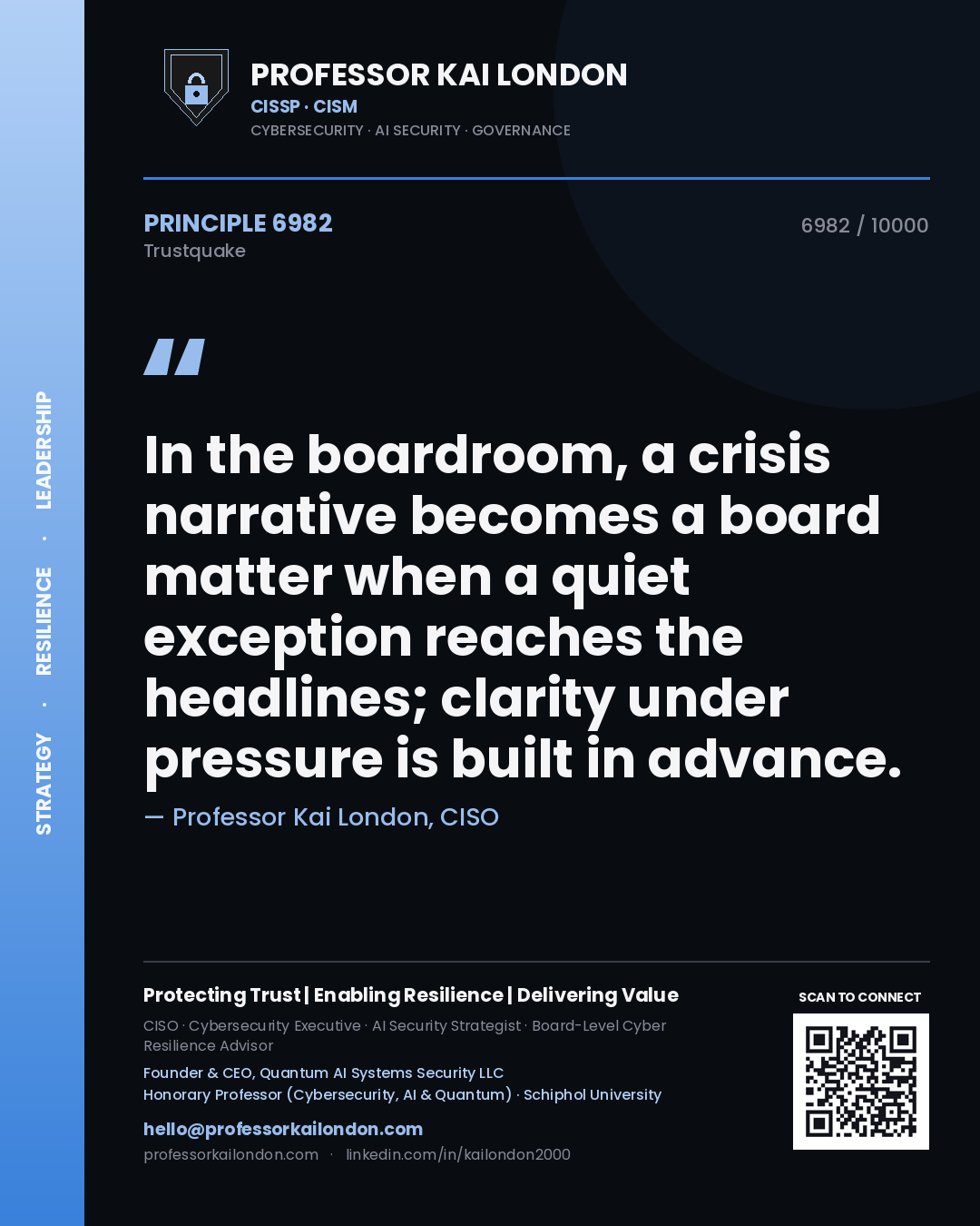 Quote card by Professor Kai London reading 'In the boardroom, a crisis narrative becomes a board matter when a quiet exception reaches the headlines; clarity under pressure is built in advance.'. From the book Trustquake.