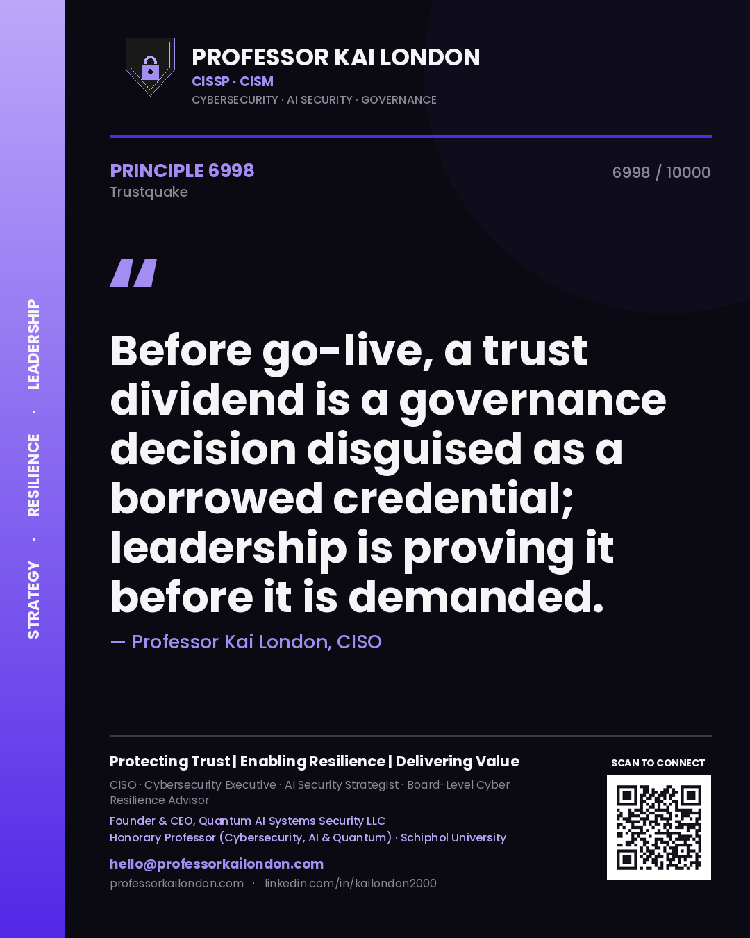 Professor Kai London principle 6998: Before go-live, a trust dividend is a governance decision disguised as a borrowed credential; leadership is proving it before it is demanded.