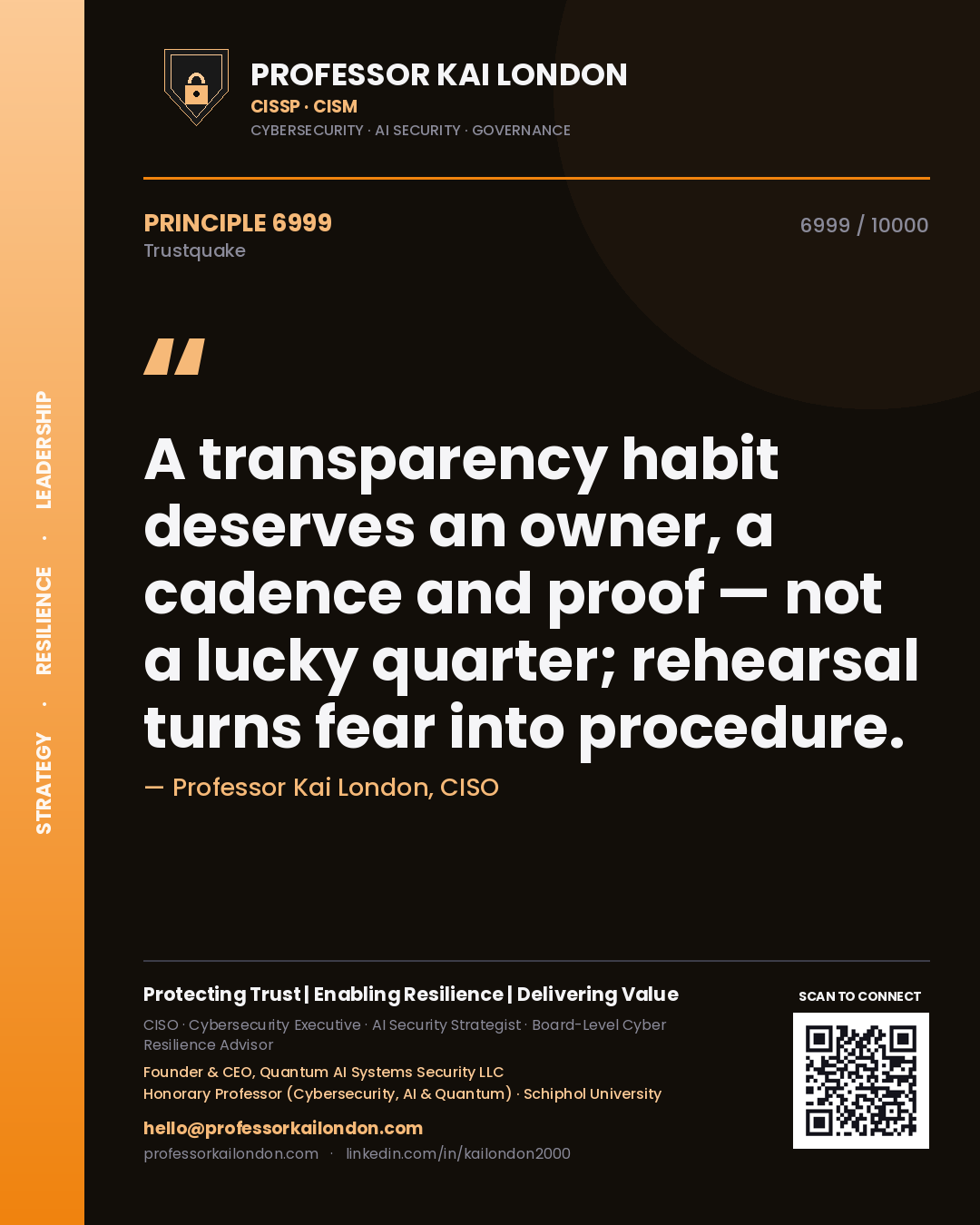 Quote card by Professor Kai London reading 'A transparency habit deserves an owner, a cadence and proof — not a lucky quarter; rehearsal turns fear into procedure.'. From the book Trustquake.