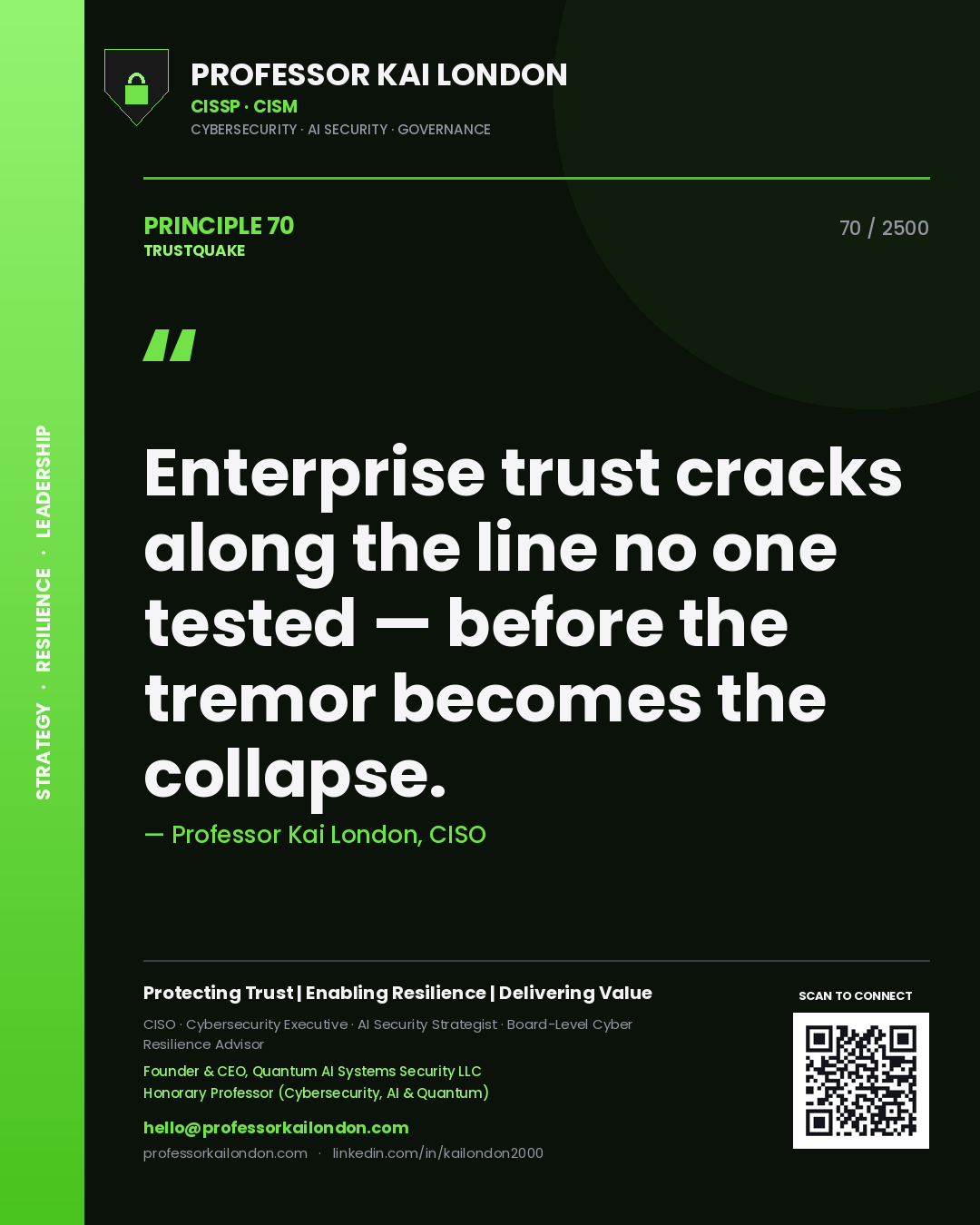 Quote card by Professor Kai London reading 'Enterprise trust cracks along the line no one tested — before the tremor becomes the collapse.'. From the book Trustquake.