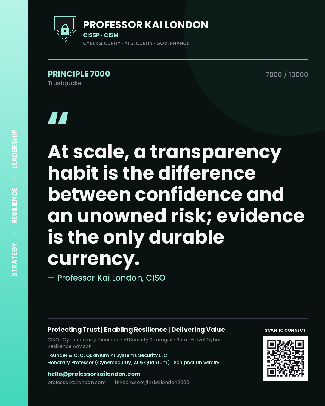 Quote card by Professor Kai London reading 'At scale, a transparency habit is the difference between confidence and an unowned risk; evidence is the only durable currency.'. From the book Trustquake.