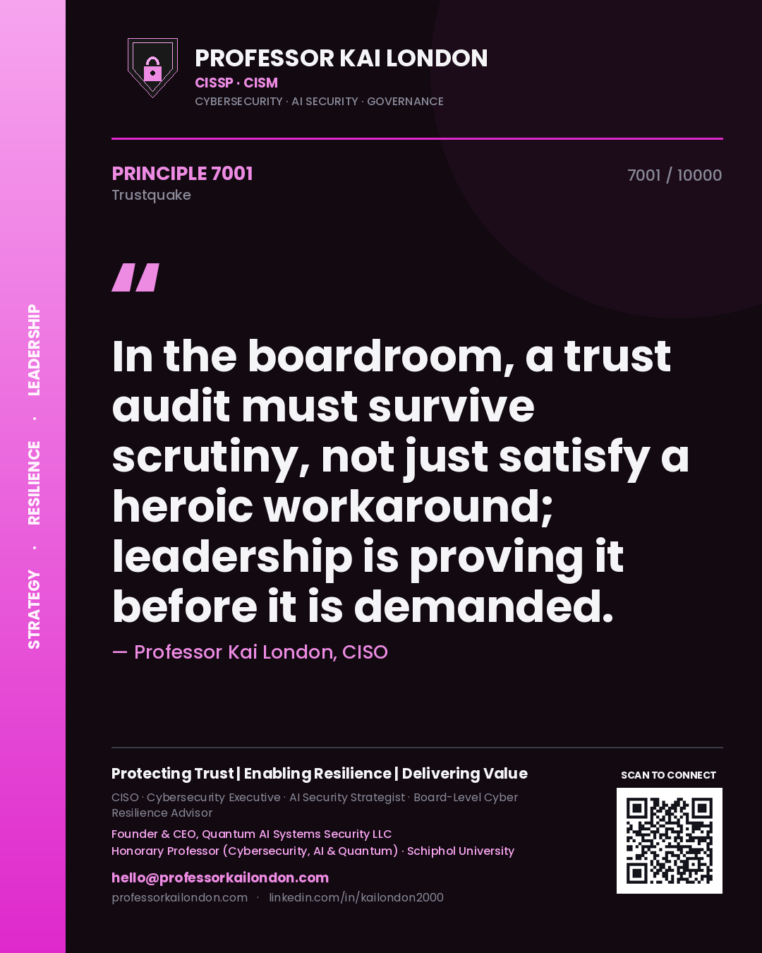 Quote card by Professor Kai London reading 'In the boardroom, a trust audit must survive scrutiny, not just satisfy a heroic workaround; leadership is proving it before it is demanded.'. From the book Trustquake.