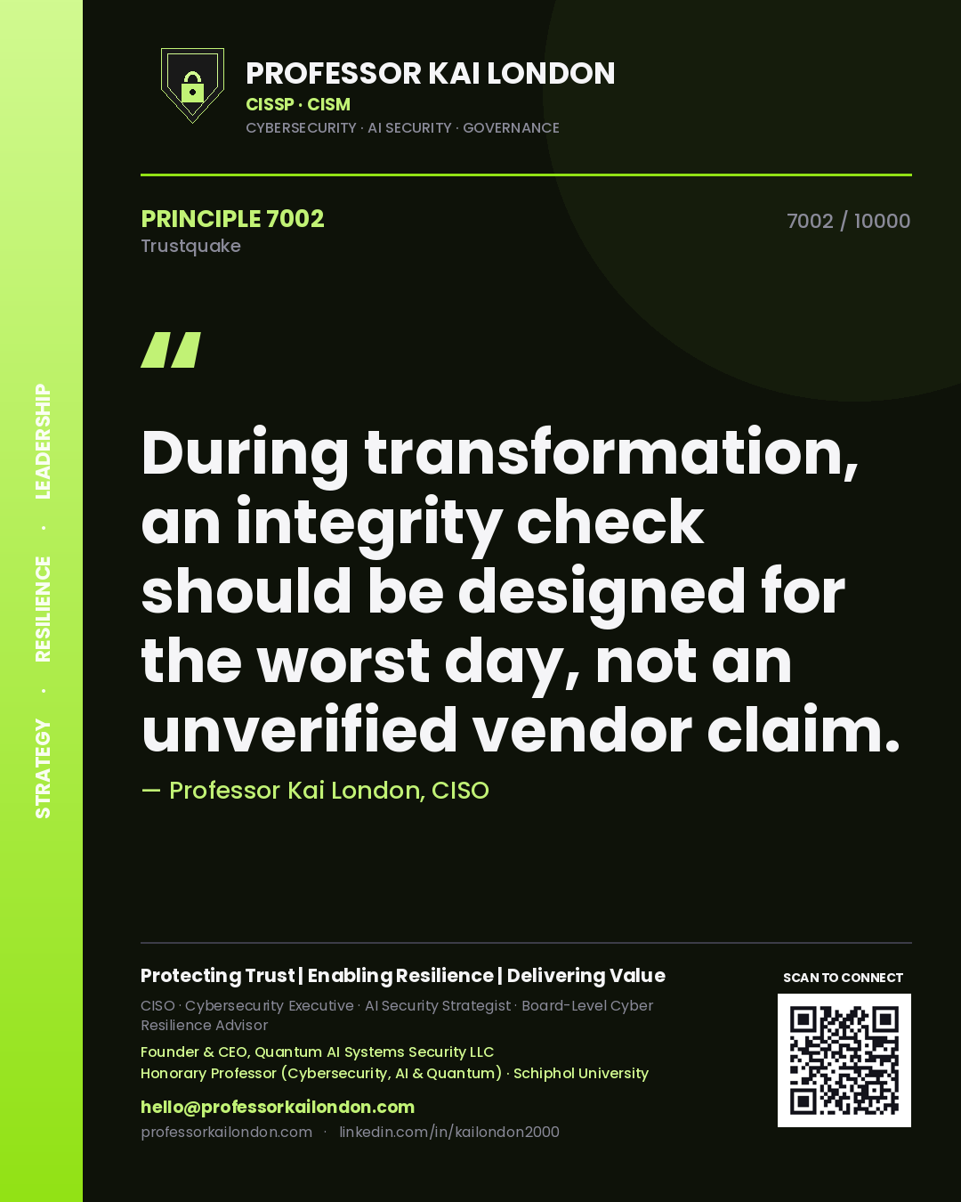Quote card by Professor Kai London reading 'During transformation, an integrity check should be designed for the worst day, not an unverified vendor claim.'. From the book Trustquake.