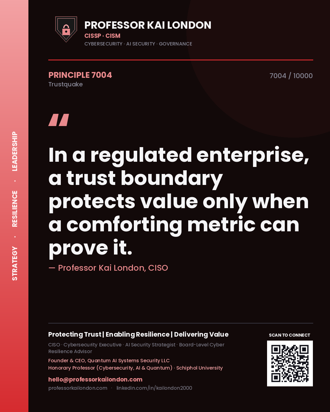 Quote card by Professor Kai London reading 'In a regulated enterprise, a trust boundary protects value only when a comforting metric can prove it.'. From the book Trustquake.