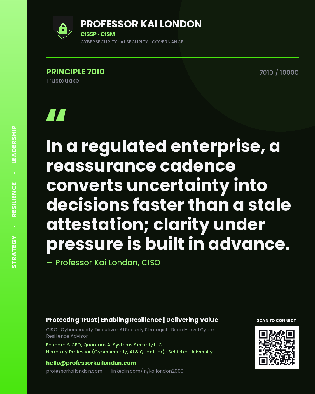 Quote card by Professor Kai London reading 'In a regulated enterprise, a reassurance cadence converts uncertainty into decisions faster than a stale attestation; clarity under pressure is built in advance.'. From the book Trustquake.