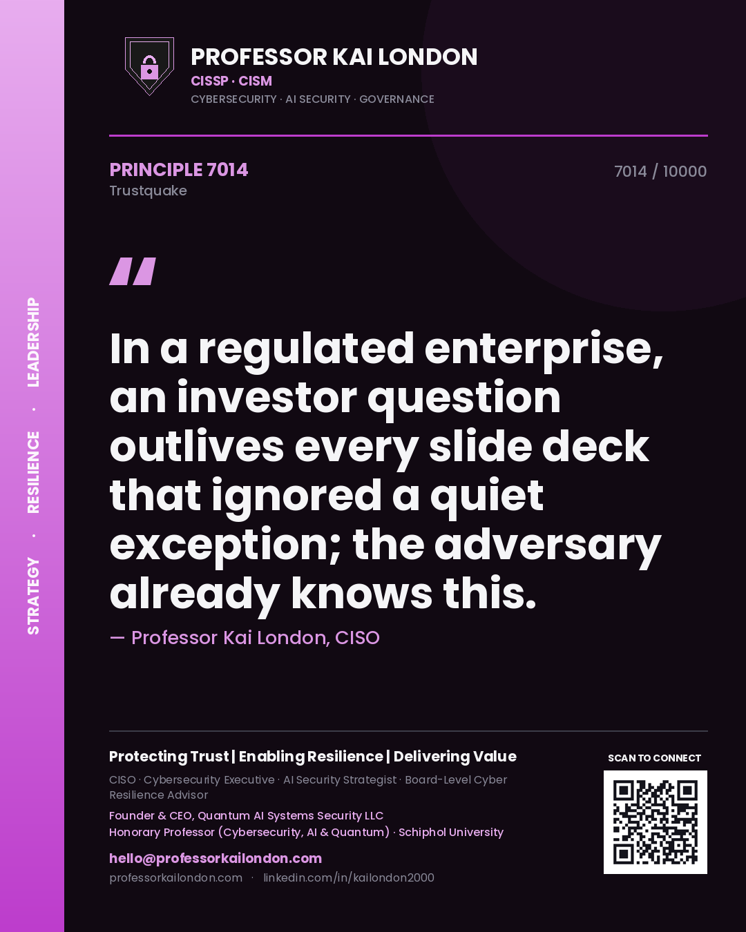 Quote card by Professor Kai London reading 'In a regulated enterprise, an investor question outlives every slide deck that ignored a quiet exception; the adversary already knows this.'. From the book Trustquake.