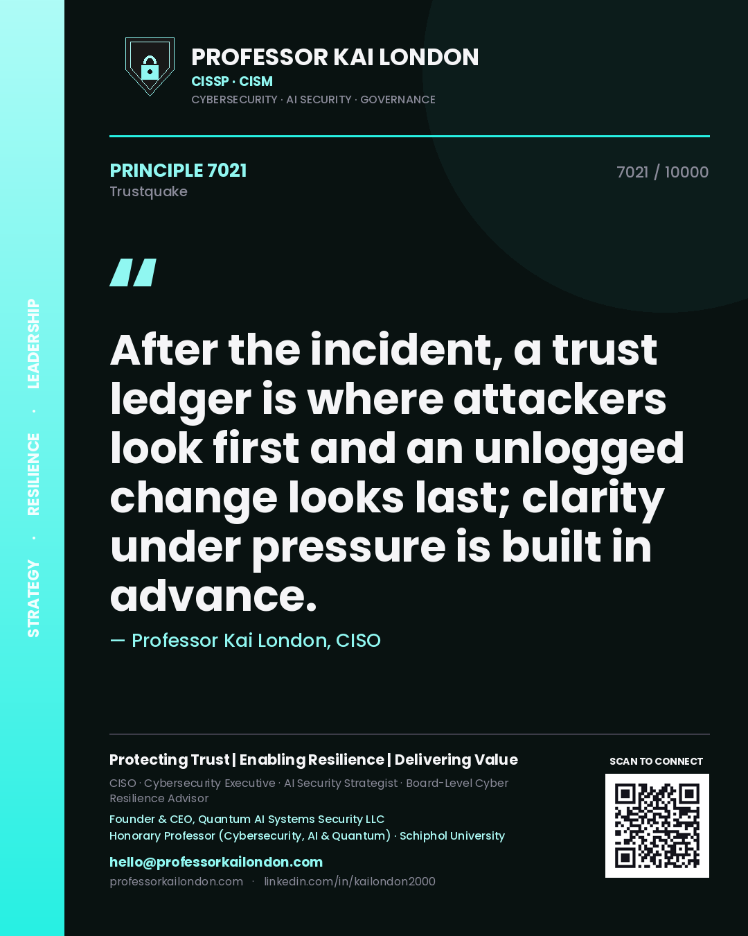 Quote card by Professor Kai London reading 'After the incident, a trust ledger is where attackers look first and an unlogged change looks last; clarity under pressure is built in advance.'. From the book Trustquake.
