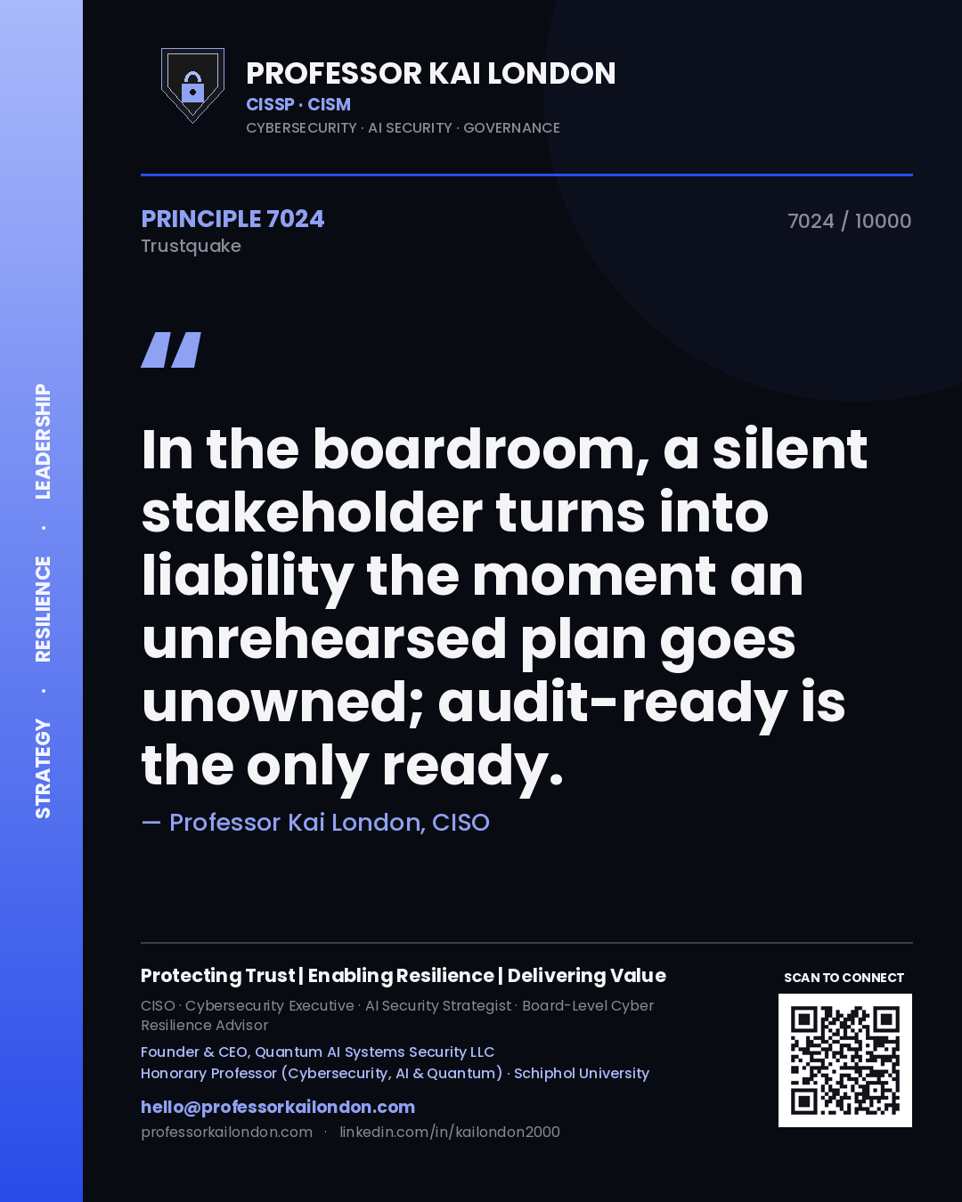 Quote card by Professor Kai London reading 'In the boardroom, a silent stakeholder turns into liability the moment an unrehearsed plan goes unowned; audit-ready is the only ready.'. From the book Trustquake.