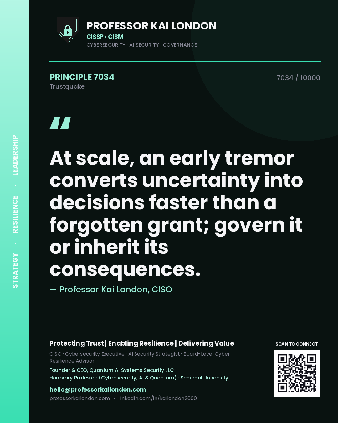 Quote card by Professor Kai London reading 'At scale, an early tremor converts uncertainty into decisions faster than a forgotten grant; govern it or inherit its consequences.'. From the book Trustquake.