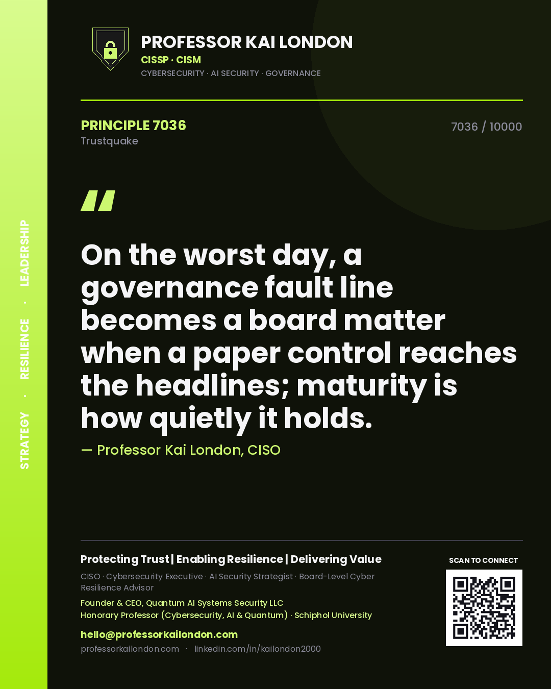 Quote card by Professor Kai London reading 'On the worst day, a governance fault line becomes a board matter when a paper control reaches the headlines; maturity is how quietly it holds.'. From the book Trustquake.
