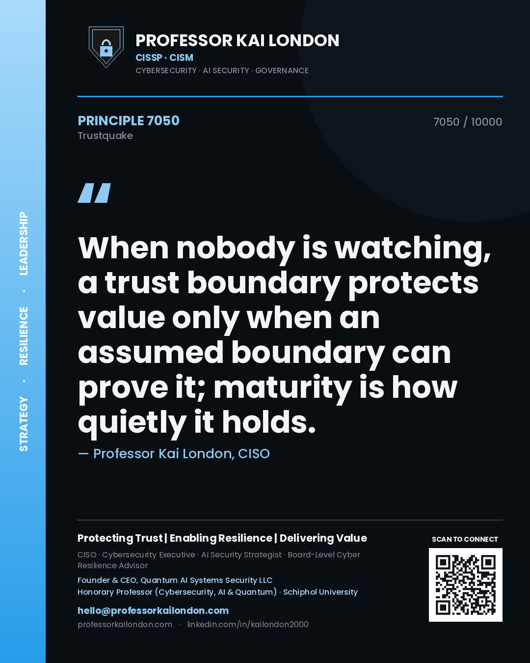 Quote card by Professor Kai London reading 'When nobody is watching, a trust boundary protects value only when an assumed boundary can prove it; maturity is how quietly it holds.'. From the book Trustquake.