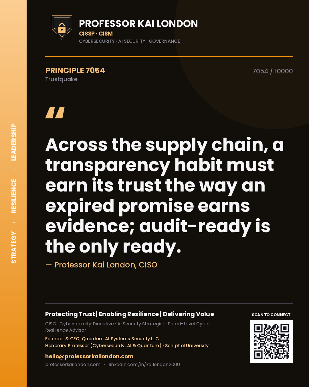 Quote card by Professor Kai London reading 'Across the supply chain, a transparency habit must earn its trust the way an expired promise earns evidence; audit-ready is the only ready.'. From the book Trustquake.