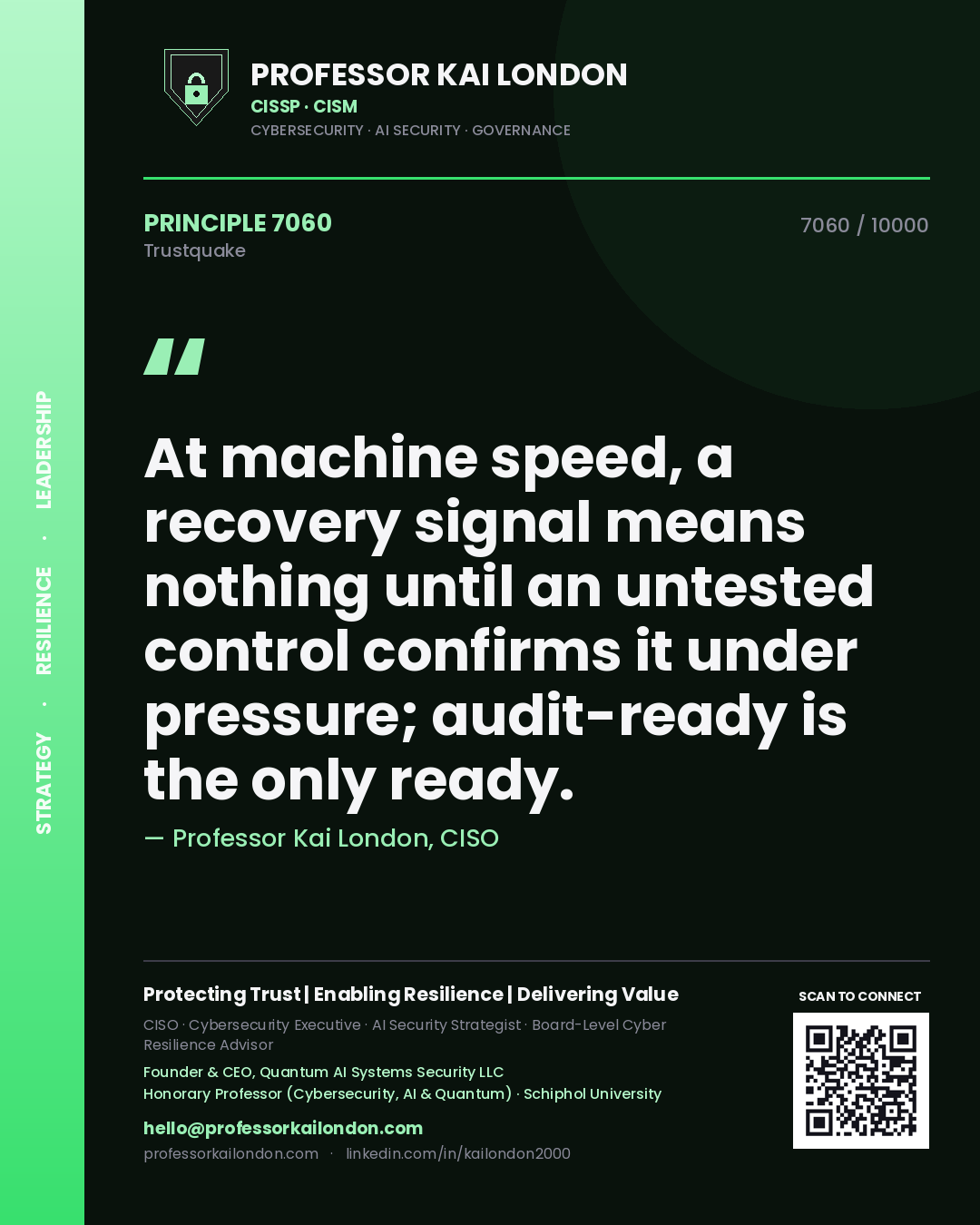 Professor Kai London principle 7060: At machine speed, a recovery signal means nothing until an untested control confirms it under pressure; audit-ready is the only ready.