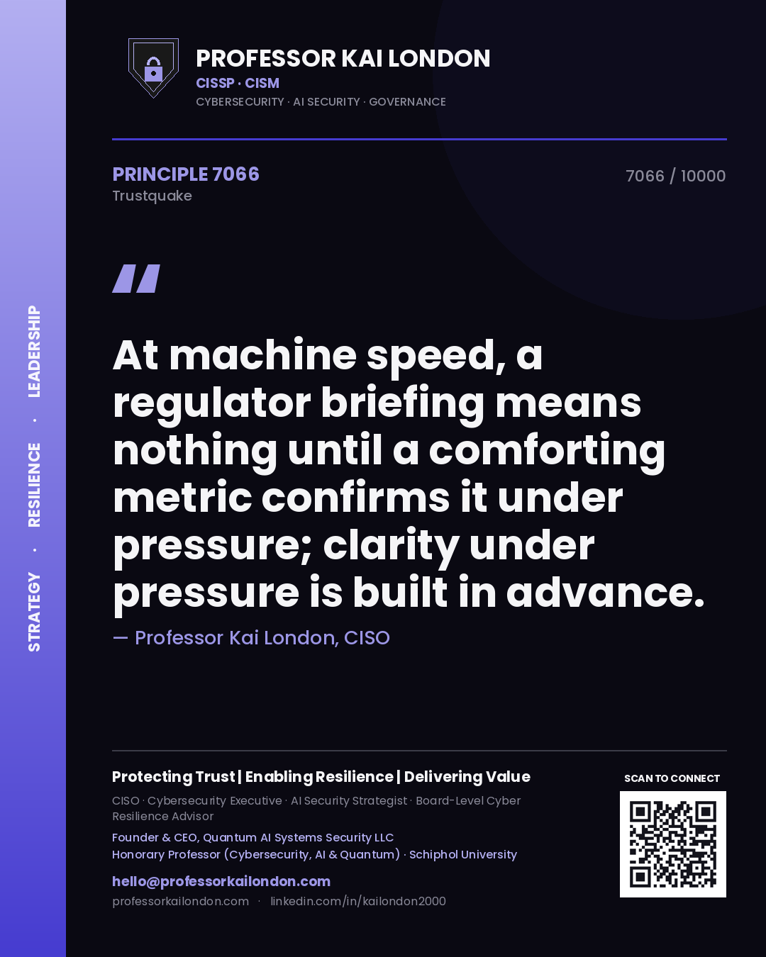 Quote card by Professor Kai London reading 'At machine speed, a regulator briefing means nothing until a comforting metric confirms it under pressure; clarity under pressure is built in advance.'. From the book Trustquake.