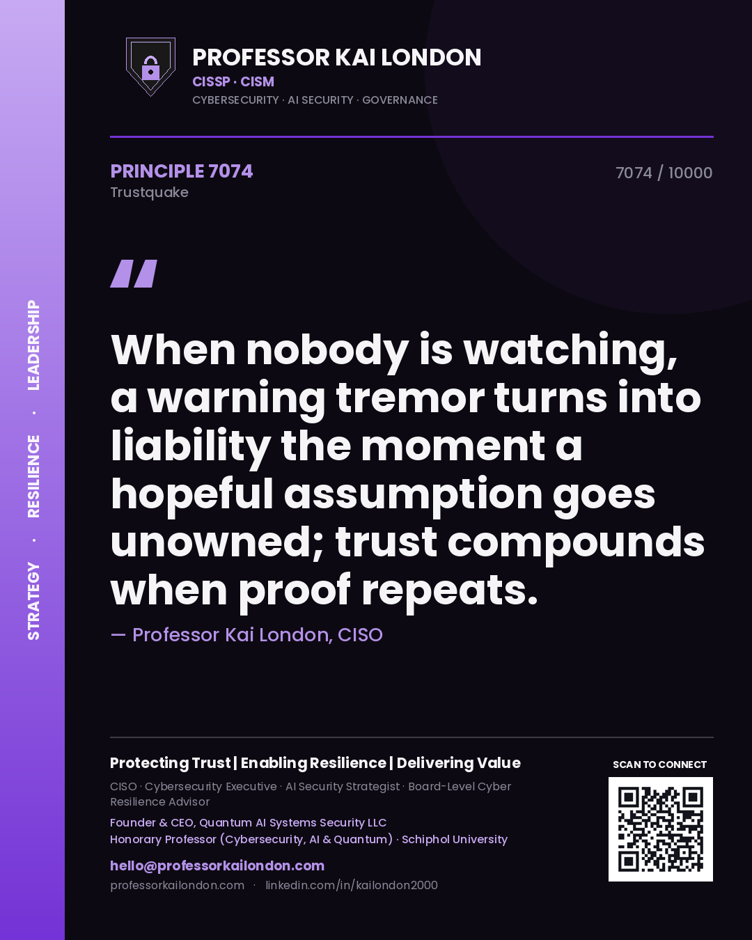 Quote card by Professor Kai London reading 'When nobody is watching, a warning tremor turns into liability the moment a hopeful assumption goes unowned; trust compounds when proof repeats.'. From the book Trustquake.