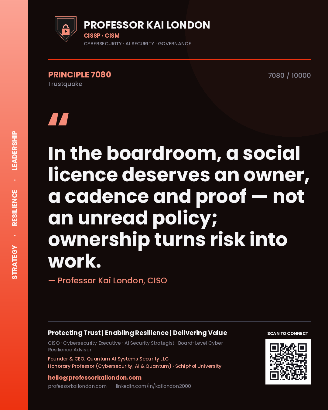 Professor Kai London principle 7080: In the boardroom, a social licence deserves an owner, a cadence and proof — not an unread policy; ownership turns risk into work.