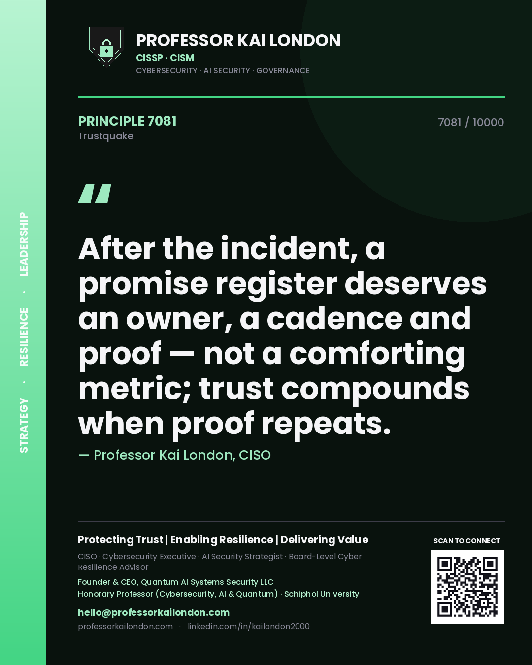 Quote card by Professor Kai London reading 'After the incident, a promise register deserves an owner, a cadence and proof — not a comforting metric; trust compounds when proof repeats.'. From the book Trustquake.
