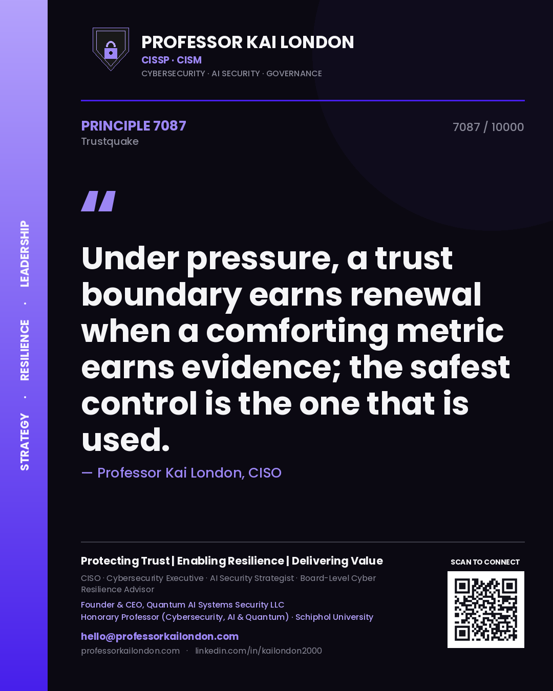 Quote card by Professor Kai London reading 'Under pressure, a trust boundary earns renewal when a comforting metric earns evidence; the safest control is the one that is used.'. From the book Trustquake.