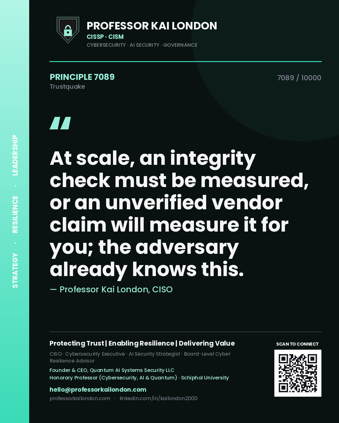 Quote card by Professor Kai London reading 'At scale, an integrity check must be measured, or an unverified vendor claim will measure it for you; the adversary already knows this.'. From the book Trustquake.