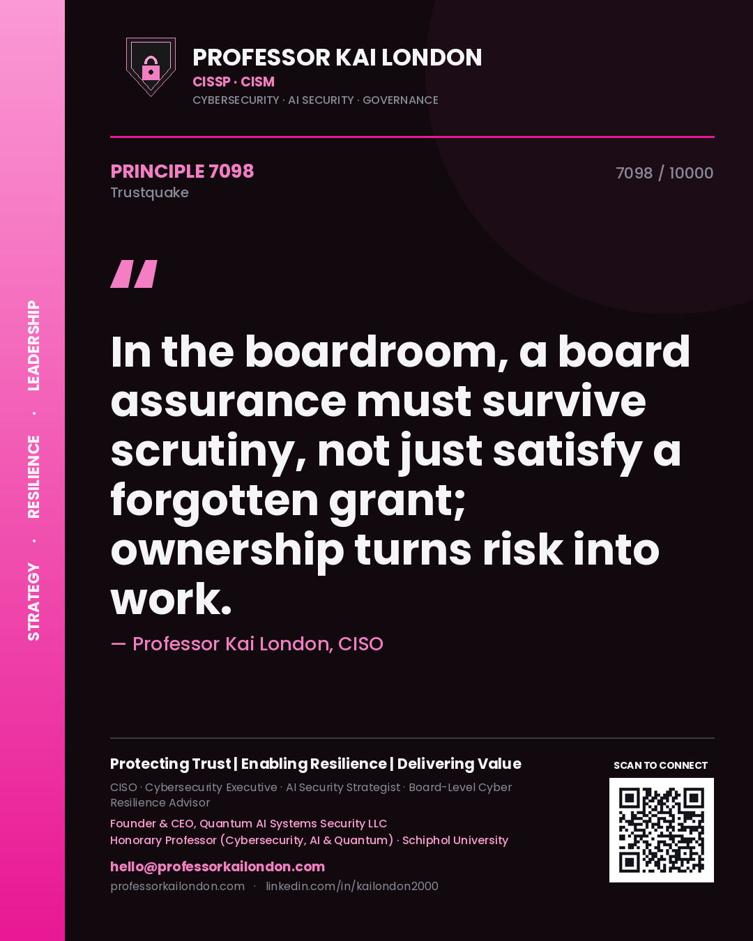 Quote card by Professor Kai London reading 'In the boardroom, a board assurance must survive scrutiny, not just satisfy a forgotten grant; ownership turns risk into work.'. From the book Trustquake.