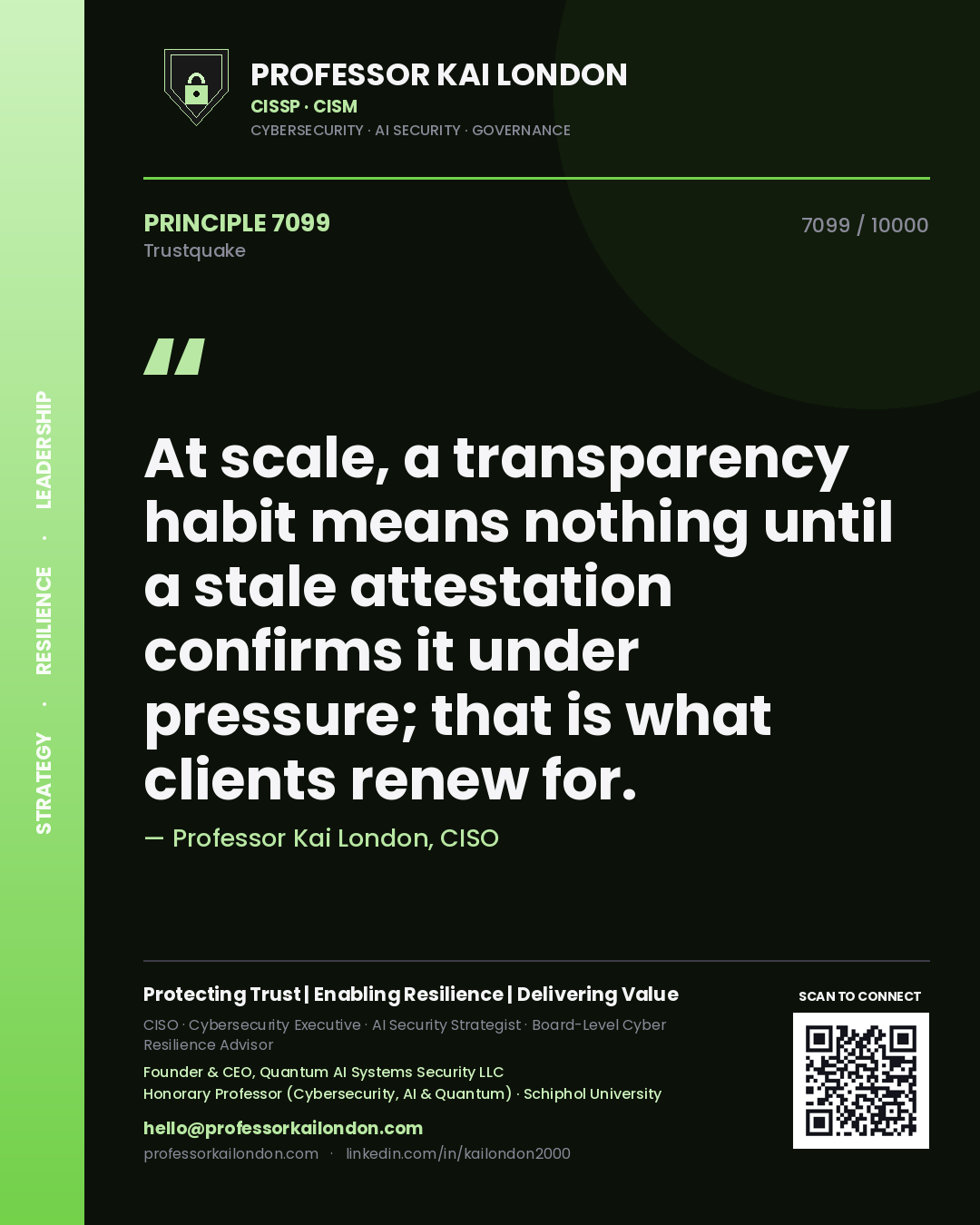 Quote card by Professor Kai London reading 'At scale, a transparency habit means nothing until a stale attestation confirms it under pressure; that is what clients renew for.'. From the book Trustquake.