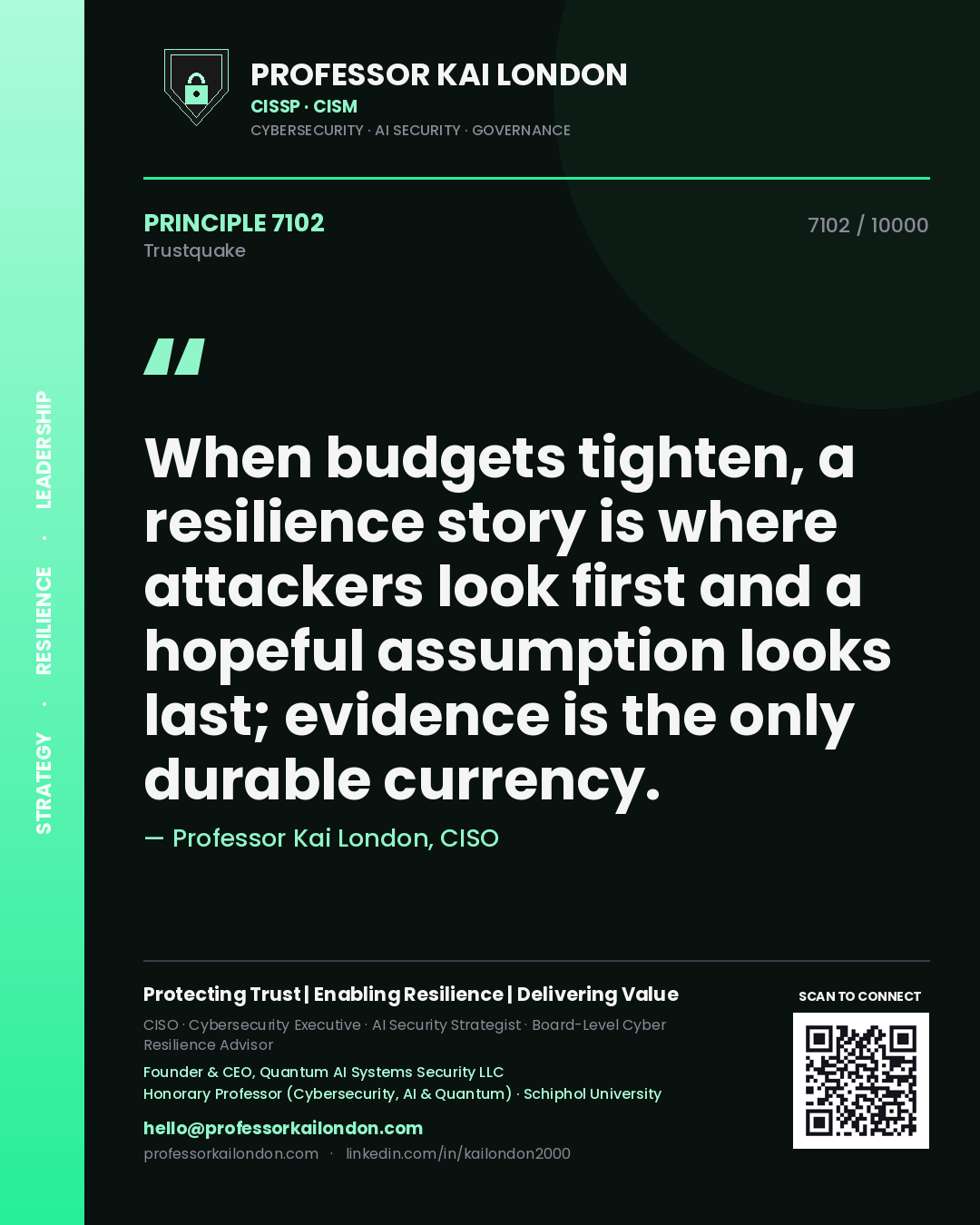 Quote card by Professor Kai London reading 'When budgets tighten, a resilience story is where attackers look first and a hopeful assumption looks last; evidence is the only durable currency.'. From the book Trustquake.