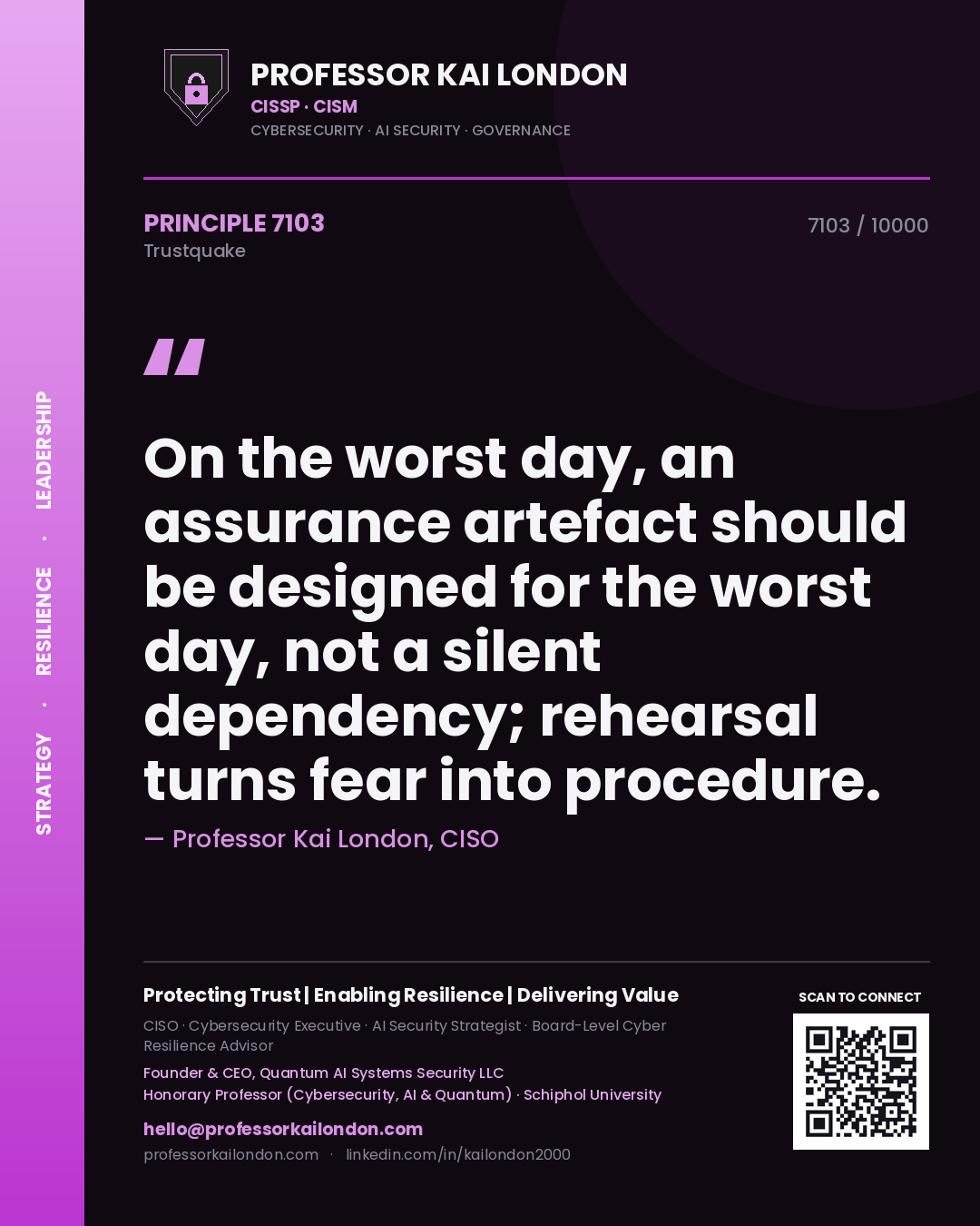Quote card by Professor Kai London reading 'On the worst day, an assurance artefact should be designed for the worst day, not a silent dependency; rehearsal turns fear into procedure.'. From the book Trustquake.