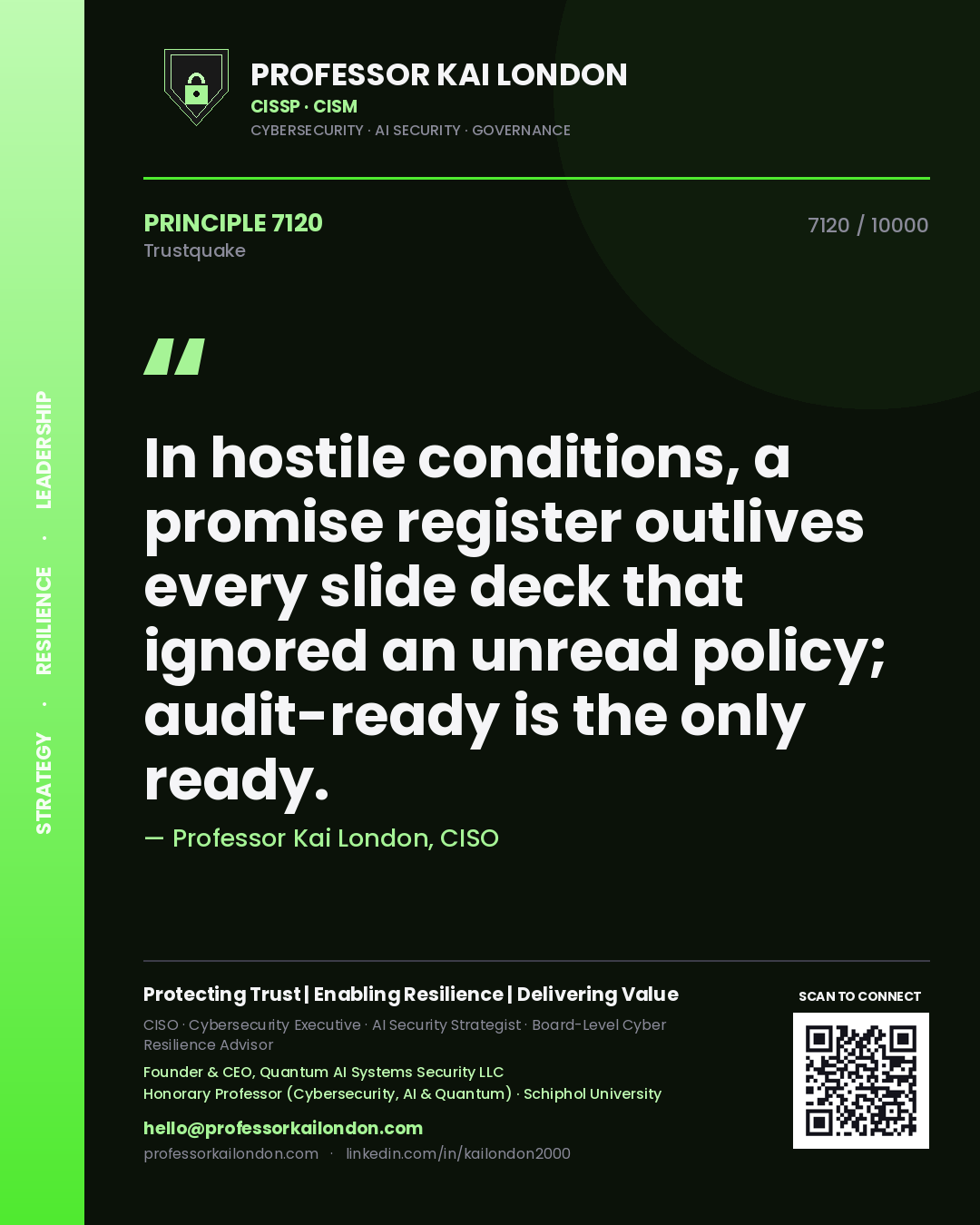 Quote card by Professor Kai London reading 'In hostile conditions, a promise register outlives every slide deck that ignored an unread policy; audit-ready is the only ready.'. From the book Trustquake.