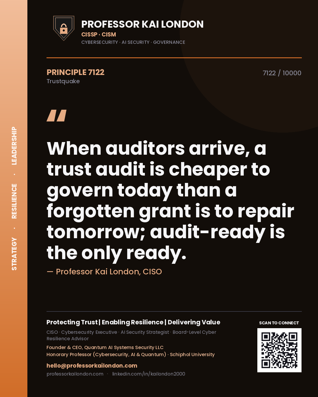 Quote card by Professor Kai London reading 'When auditors arrive, a trust audit is cheaper to govern today than a forgotten grant is to repair tomorrow; audit-ready is the only ready.'. From the book Trustquake.