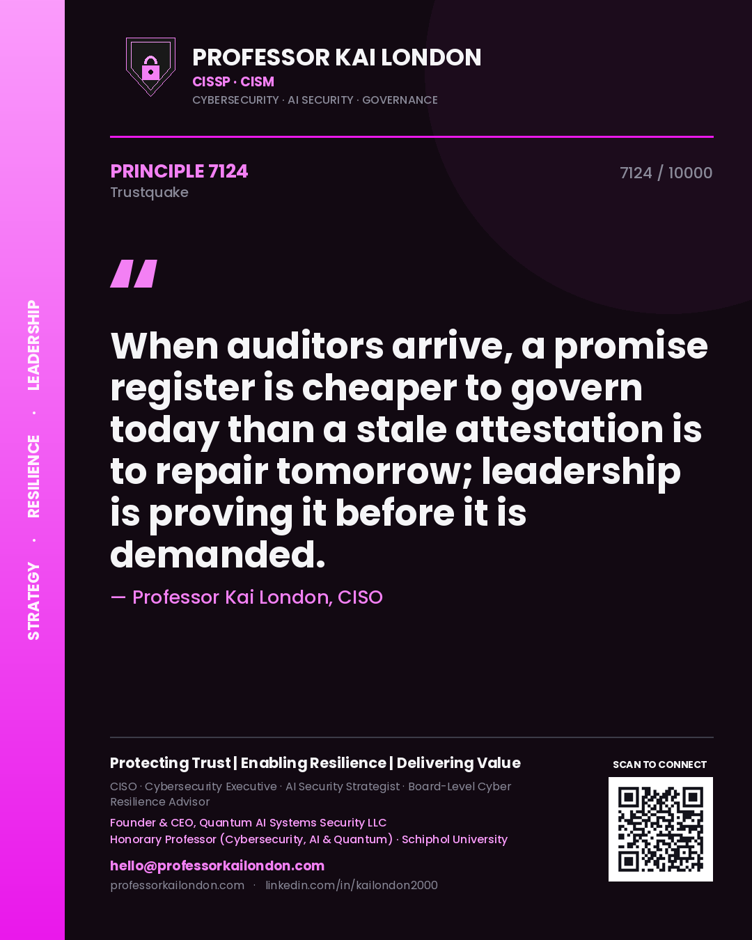 Quote card by Professor Kai London reading 'When auditors arrive, a promise register is cheaper to govern today than a stale attestation is to repair tomorrow; leadership is proving it before it is demanded.'. From the book Trustquake.