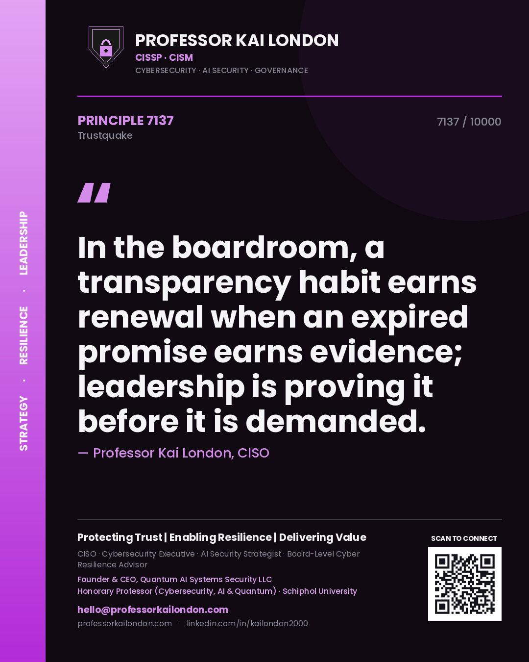 Quote card by Professor Kai London reading 'In the boardroom, a transparency habit earns renewal when an expired promise earns evidence; leadership is proving it before it is demanded.'. From the book Trustquake.